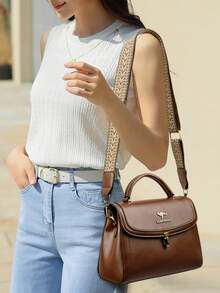 1pc 2025 Mother's Day Preferred High-Quality Luxury Handbag, Designer Messenger Bag, Large Capacity Tote Bag, Solid Color Leather Shoulder Bag - Brown - View 7