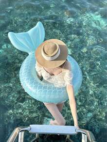 1pc Mermaid Tail Shaped Mint Green Swim Ring, Open Design Suitable For Photo Shooting, Summer Beach Outdoor Swimming Equipment, Outdoor Leisure Supplies - Mint Blue - View 3