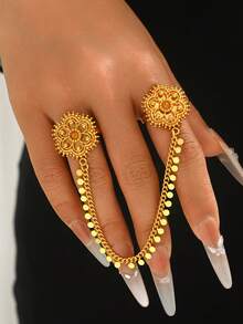 1pc Minimalist Versatile Gold-Plated All-Match Chain Flower Linked Finger Hand Chain, Suitable For Dates, Weddings, Parties, Holidays, Gift - Yellow Gold - View 2