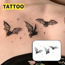 蝙蝠纹身贴纸 - 防水持久，逼真的黑色星星图案，植物墨水，适合万圣节和日常穿着 - 黑色 - 查看 3