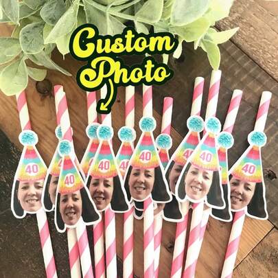 1/12/24/48pcs Customized Face Pattern Paper Straws, Personalized Face Pattern Straws For Party, Suitable For Birthday Party Decoration Gifts For Girlfriend, Multifunctional, Durable, Decorative, Reusable, Exquisite, Fashionable, High Quality, Colorful, Modern, Customized, Personalized, Unique, Ideal Gift For Him