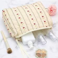 PAZIMIIK - Bolsa de maquillaje de algodón para mujer tamaño grande acolchada cosmética de viaje Little Flower Beige 1 PCS Pouch Vintage - Pequeña flor beige - Ver 3