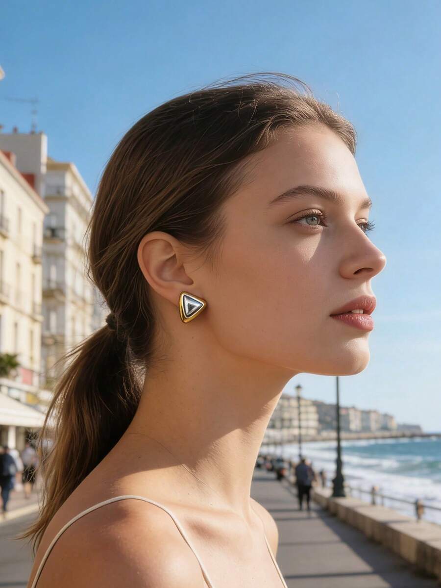 1 Pair Women's Minimalist Dual-Tone Triangle Earrings, Cute & Elegant For Weddings, Parties And Daily Wear,Summer,Jewellery - Multicolor - View 1