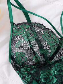 Women's Sexy Lace Contrast Color Short Nightgown, Mesh Hollow A-Line Slip Dress, Ladies Spaghetti Strap Dress, Lace Rose Gothic Sexy Ladies Sleepwear - Green - View 4