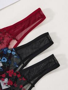 3套/6件套女士性感内衣套装，黑红、黑蓝、酒红配色，舒适日常穿着，性感文胸内裤，圣诞节和万圣节派对礼物 - 酒紅色 - 查看 3