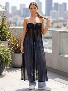 Women's Long Halter Tops Summer Fashionable Solid Color Mesh Patchwork Backless Sleeveless Vest - Black - View 5
