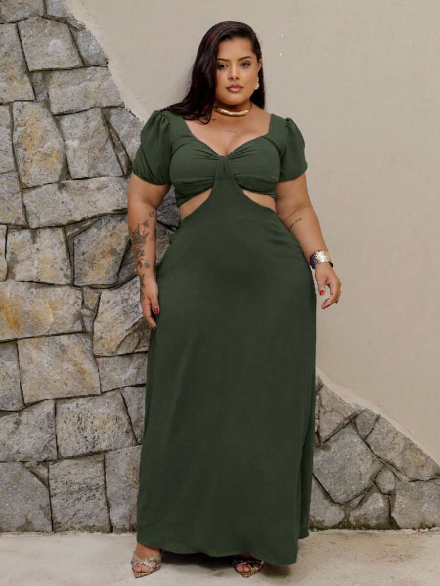 Princess Plus Size Long Dress With Short Sleeves, Party Look, Duna Fabric, Sizes G1 G2 - xanh quân đội - Xem 1