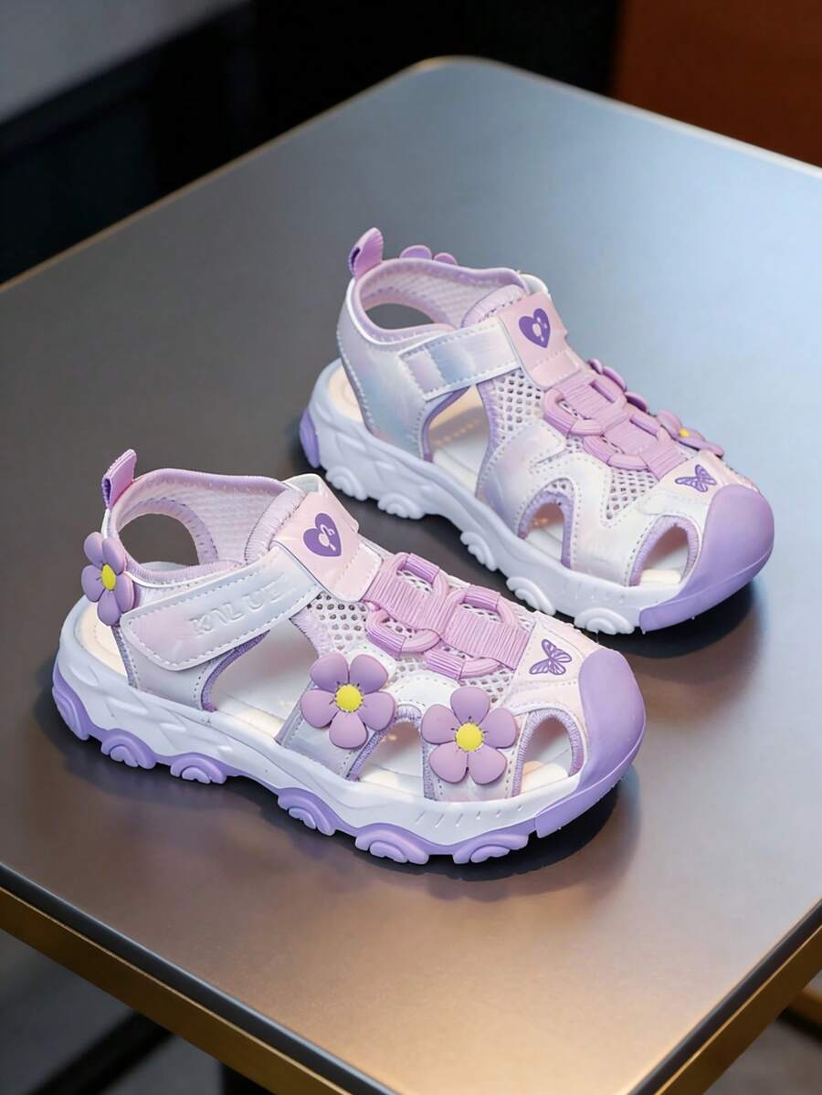 Girls' Flower Decor Sandals, Pink Princess Style Mesh Breathable, Soft Non-Slip Soles For Kindergarten & Beach - 紫色 - 查看 1