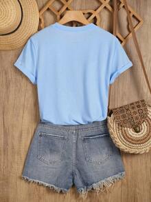 大码女式优雅印花圆领短袖T恤，白色底蓝色花朵，四季皆宜的休闲百搭夏季T恤 - 淺藍色 - 查看 2