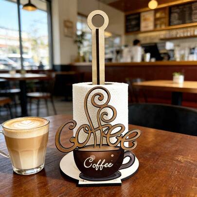 1/3pcsCreative Coffee Logo Standing Wooden Toilet Paper Holder,Perfect For Storing Tissues,Suitable For Kitchen Islands,Coffee Shops,And Living Room Table Decorations;A Great Gift Option.