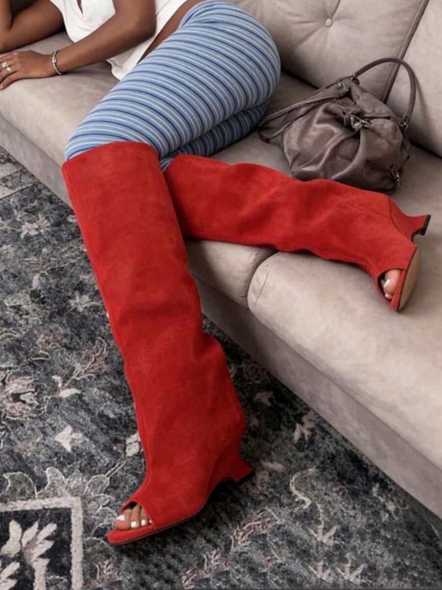 Women's Knee High Boots Wide Calf Long Boots Casual Square Toe Stiletto Kitten Heel Boots Fashion Shoes Winter Fall Women's Slouchy Boots Walking Office Dressy Shoes - 紅色-A - 查看 1