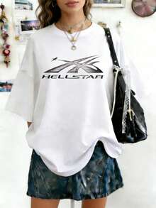 Hellstars Pink Abstract Logo Y2K Graphic T-Shirt,220g 100% Cotton,Round Neck Short Sleeve,White Streetwear Essential For Summer Going Out,Unisex Style - White - View 1