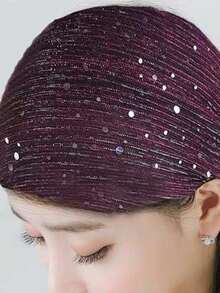 1pc New Headscarf Salon, European And American Style Sequin Cross Edge Headscarf, Autumn Silk Scarf Shawl, Suitable For Dress Matching - 紅色 - 查看 1