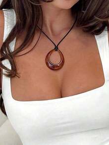 1pc Water Drop Shaped Acrylic Pendant With Leather Cord Necklace - 棕色 - 查看 2