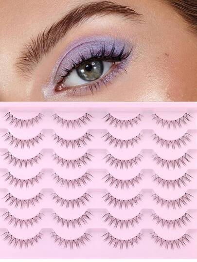 14对假睫毛，自然短款，纤细轻盈，100%纯手工制作，透明带，猫眼造型，韩式仿貂毛条状假睫毛套装
