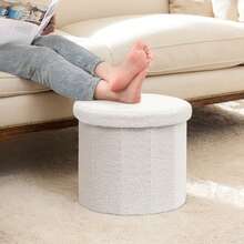 15 Inchs Round Storage Ottoman, Small Foldable Foot Stool With Hidden Storage For Living Room, Ottoman For Dorm - 白色 - 查看 4