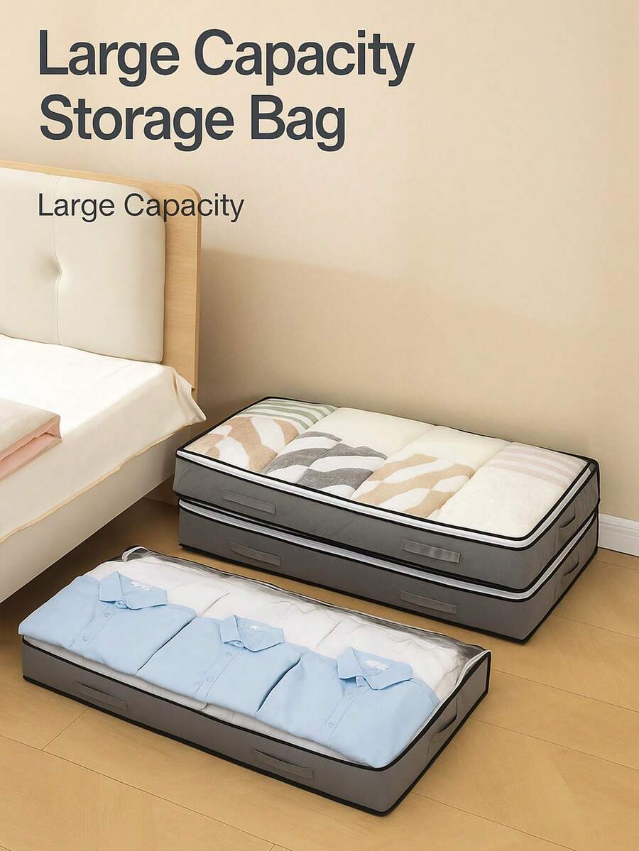 1pc Fabric Foldable Underbed Storage Box, Home Bedding & Clothing Organizer Bag With Zipper & Handle, Space-Saving Large Capacity, Home Organization, Moving Packing