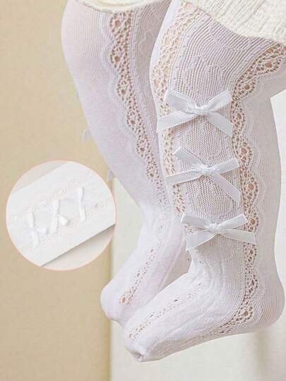 1pc White Rabbit Bow Lace Pantyhose For Babies And Children. Made Of Breathable Mesh With Openwork Design, Sweet, Cute, Soft, And Comfortable. Suitable For Everyday Summer Wear As Leggings.
