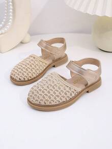 1双女童网面平底鞋，金色，露趾，圆头儿童平底鞋，儿童百搭休闲鞋，适合上学、公园、家庭郊游 - 玫瑰金 - 查看 2