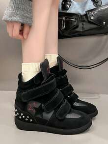 2026 New Women's High-Top Sneakers, Black Round Toe Flat Casual Shoes, Autumn/Winter, Closure Boots With Hidden Heel - Black - View 6