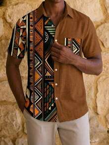 男士印花衬衫，棕色亚麻质感度假衬衫，几何拼接美学上衣，轻盈精致的夏季服装 - 彩色 - 查看 1