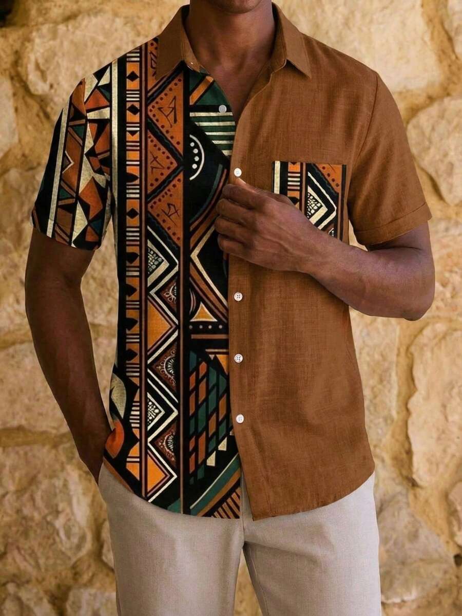 男士印花衬衫，棕色亚麻质感度假衬衫，几何拼接美学上衣，轻盈精致的夏季服装 - 彩色 - 查看 1