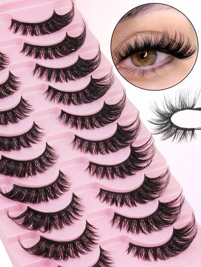 10对3D蓬松卷翘假睫毛，仿貂毛睫毛，自然浓密，易于佩戴且可重复使用，适合日常、工作、派对、约会、旅行、夏季每周睫毛装饰，多种睫毛产品可供选择：睫毛嫁接、猫眼睫毛、自然睫毛、卡通睫毛、半截睫毛、睫毛套装、睫毛簇、簇状睫毛、单根睫毛、下睫毛、美睫师化妆、睫毛书籍、蓬松睫毛等。