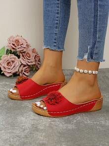 Sandalias de plataforma con diseño de flor hueca, sexy y de estilo bohemio casual para la playa y resort, con sólidos decorativos y cuña gruesa con punta abierta para mujer - Rojo - Ver 4