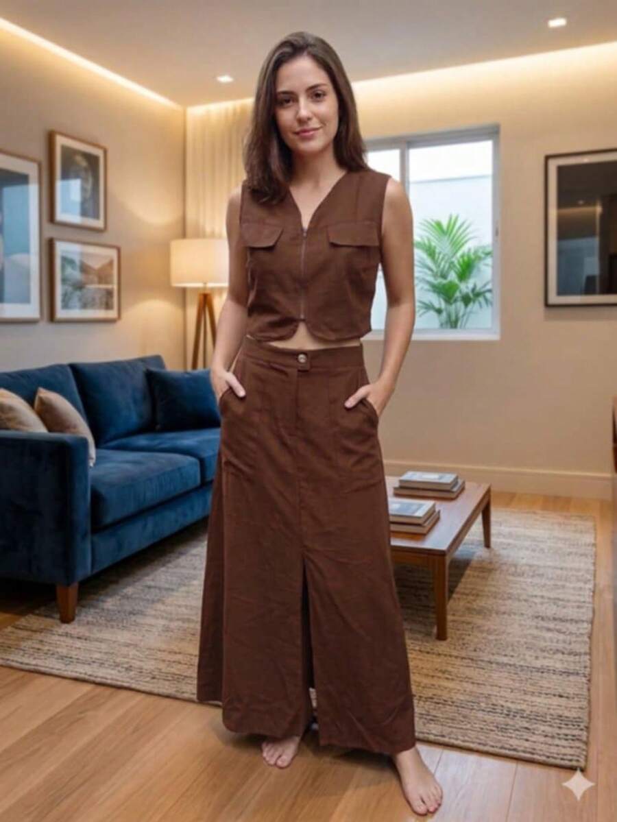 Women's Fashion – Elegant Set In Sensual Fabric, Cropped Top With Zipper And Long Skirt With Pockets, Size 38–40, Stylish Casual Polyester Office - 鏽棕色 - 查看 1