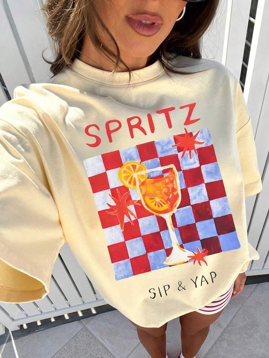 SPRITZ CLUB Graphic T-Shirt, Women's Casual Round Neck Short Sleeve Tee, Summer Vacation Beach Outfit - Light Apricot - View 1