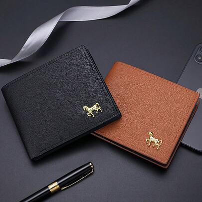 1pc Metal Horse Decor PU Leather Wallet, Holds Credit Cards, Zipper Coin Pouch, Quality Short Bifold Wallet For Men's Daily Use