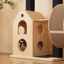 Solid Wood Cat Tree With Exercise Wheel – 80*40*152 Cm. Scratching Post With 4 Platforms, 2 Cat Houses, Sisal Posts & Washable Scratching Mats, Cat Roll, Cat Exercise Wheel, Cat Tree, Cat Climbing Frame - Natural - View 7