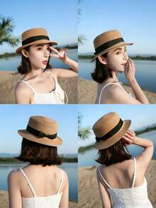 1pc Boho French Raffia Bow Knot Straw Hat For Women, Summer Beach Sun Protection Panama Hat - Straw - View 6