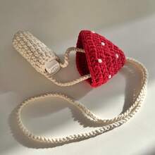 A Handmade Crocheted Mushroom Bag, Capable Of Holding Lipstick And A Lighter, Featuring Imaginative Crochet Craftsmanship; It's The Perfect Gift For Fabric Lovers. - Red - View 1
