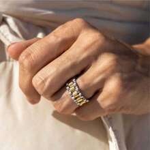 1 pieza Anillo de pareja de acero inoxidable en oro rosa y plateado, unisex, con 3 circonitas cúbicas cuadradas brillantes incrustadas, regalo de boda - Anillo G - Ver 20