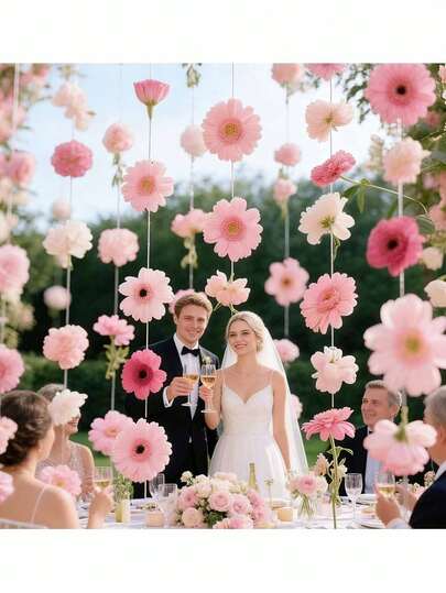 22件套粉色花卉瀑布套装：DIY装饰花环套装——包含粉色人造花和一卷透明绳子。可手工DIY打造仿真花帘或“花瓣雨”瀑布。非常适合婚礼派对、情人节、新娘送礼会和生日房间装饰（包含各种粉色花朵）。也可用作婚礼摄影道具、新娘送礼会装饰和户外婚礼装饰。