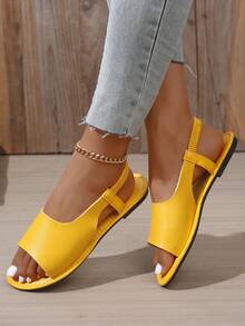 Giày sandal hở mũi màu trơn thời trang mùa hè cho nữ - Nâu và đen, đế bằng, hở mũi, đế cao su, giày thường ngày thoải mái, giày sandal thời trang phù hợp để mặc thường ngày, thiết kế xỏ ngón - Màu vàng - Xem 3