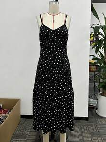 Women's Polka Dot Print V-Neck Mid-Length Dress, Puff Sleeve Ruffle Hem A-Line Dress, Elegant Casual Daily Wear Mother's Day Holiday Spring/Summer Dress Vacation Black - Black - View 5