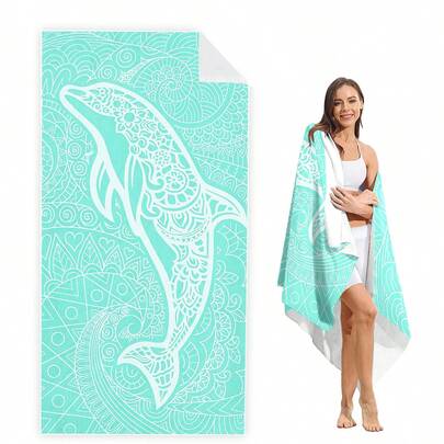 1条薄荷绿曼陀罗海豚沙滩巾，波西米亚风海洋动物超大沙滩巾，速干超细纤维沙滩毯，非常适合海滩、泳池、旅行、露营，是送给海豚爱好者、海滩游客、波西米亚风装饰爱好者的理想礼物，也是生日和夏季礼物的绝佳选择。