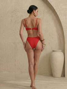 Anewsta 夏季海灘實色推桿高腰比基尼 - 紅色 - 查看 2