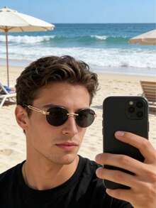 黑色金色无框时尚男女通用太阳镜，金色链条镜腿，防紫外线，男士时尚之选 - 彩色 - 查看 3