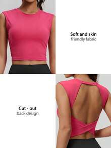 NcmRyu 1pc Women Crew Neck Criss-Cross Back Elastic Sports Tank Top - Hot Pink - View 4