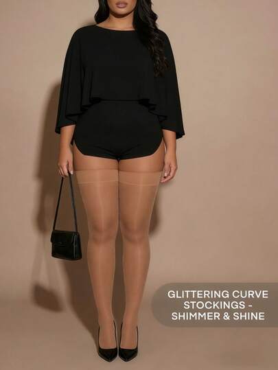 1 par de medias por encima de la rodilla con brillo perlado y ribete para mujeres de talla grande