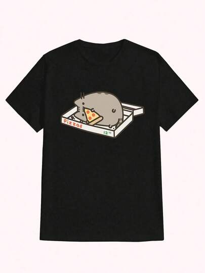 Camisetas de Talla Grande para Hombre, Diseño "La Caja de Pizza del Gato", Estampado Casual, Cómodas y Versátiles, Camiseta Estampada de Algodón Puro de 220g con Patrón de Letras