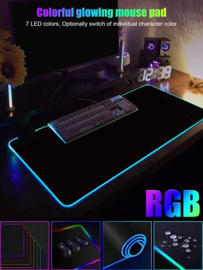 80cm*30cm RGB灯光鼠标垫，7色动态LED炫彩灯光效果超大桌面垫，防水耐磨可切换灯光效果键盘垫，大尺寸加厚防滑游戏键盘垫，长方形7色灯光游戏桌面氛围配件