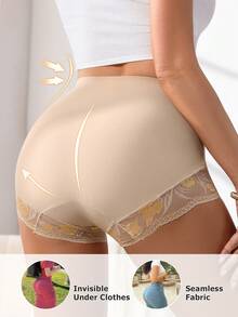 Women's Front Button High Compression Briefs, Lace Print Design Tummy Control Hip Lift Comfortable Shapewear Panties - Apricot - View 2