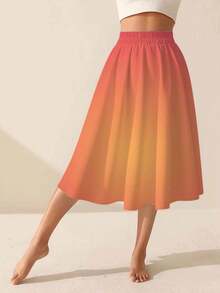 Plus SizePlus Size Gradient Color Printed Midi Skirt Orange Yellow Ombre Pattern Dance Skirt For Women Yoga And Exercise Full Printed - style - 查看 2