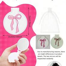 6pcs Pink Bow Decor Mini Pocket Mirrors Set - Round Makeup Mirror With White Storage Pouch & Ribbon Bow, Pink Bow Pocket Mirrors, Foldable & Portable, Korean Beauty Accessory, Gift For Women, Birthday, Bridal - A - View 3