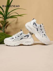 New Women's Geometric Pattern Sports Shoes, Knitted Fabric Lace-Up, Mesh Patchwork, Breathable White Outdoor Running Sneakers, Thick Sole Versatile Tennis Shoes For All Seasons - White Blue - View 8
