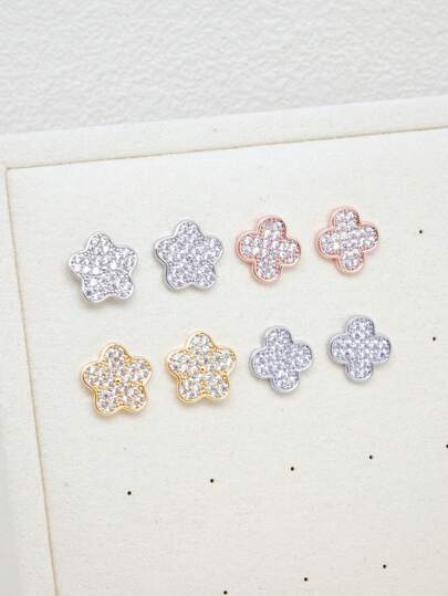 1 Đôi bông tai kiểu dáng cổ điển hình cỏ năm lá, đính đá Zirconia toàn bộ, mạ vàng 18K, chất liệu đồng, dành cho nữ.